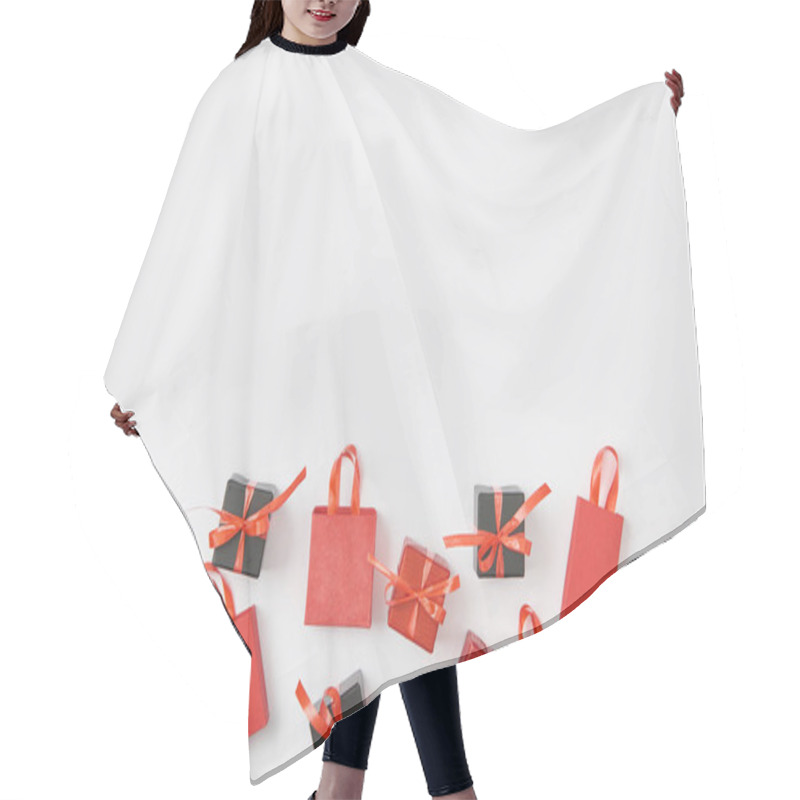 Personality  Top View Of Black And Red Presents And Shopping Bags On White Background With Copy Space Hair Cutting Cape