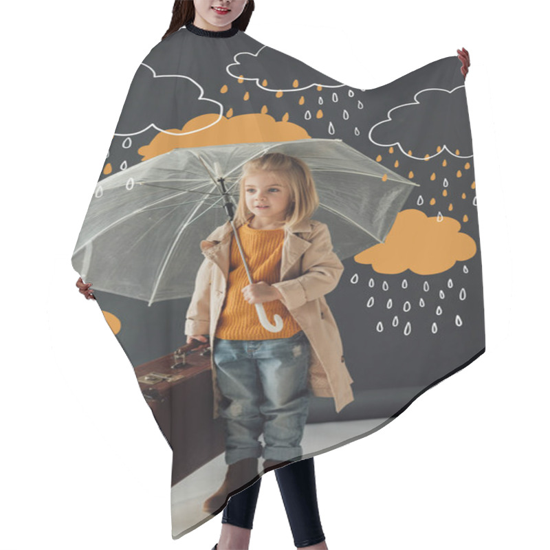 Personality  Child In Trench Coat And Jeans Holding Umbrella And Leather Suitcase Under Fantasy Rain On Black Background Hair Cutting Cape