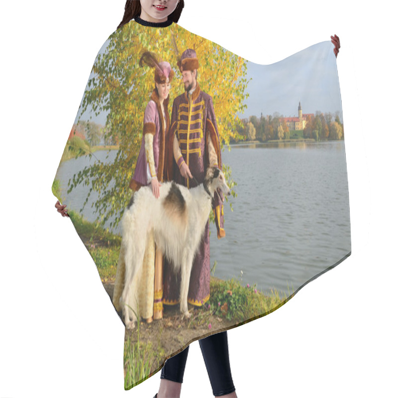 Personality  Couple In Medieval Costumes With Borzoi Dog Hair Cutting Cape