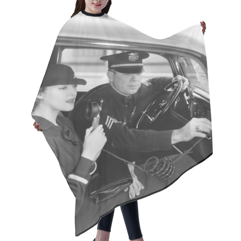 Personality  Woman Using Radio In Car With Policeman Hair Cutting Cape