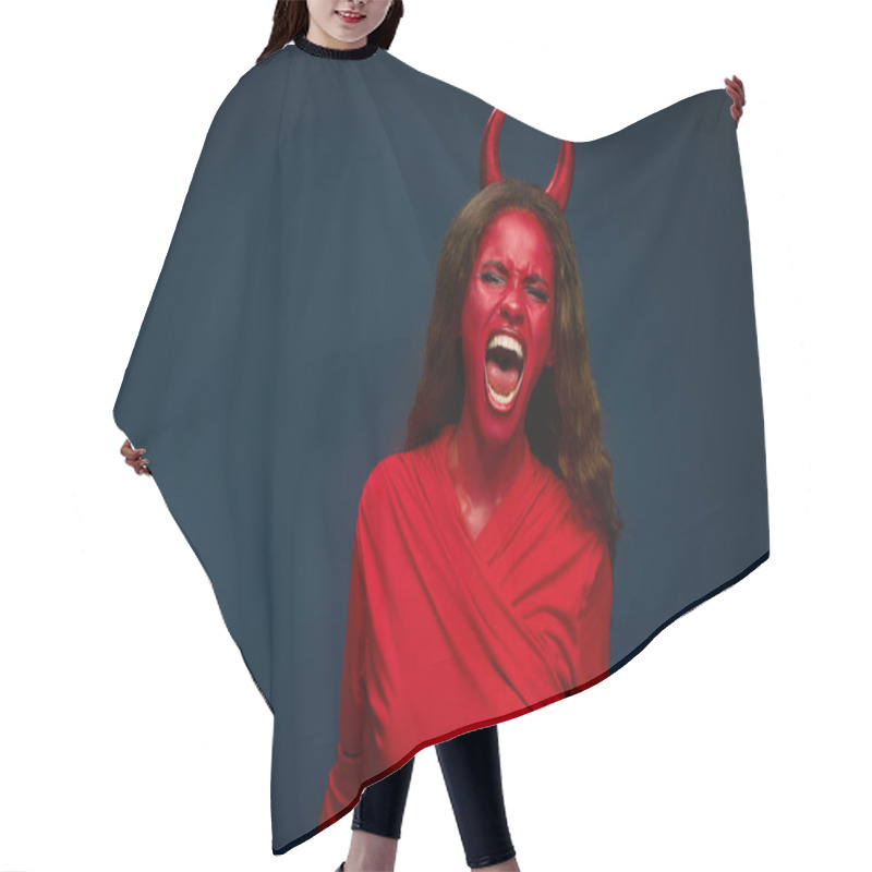 Personality  A Woman In Stunning Red Attire Channels Her Inner Devil, Expressing Excitement For Halloween. Hair Cutting Cape