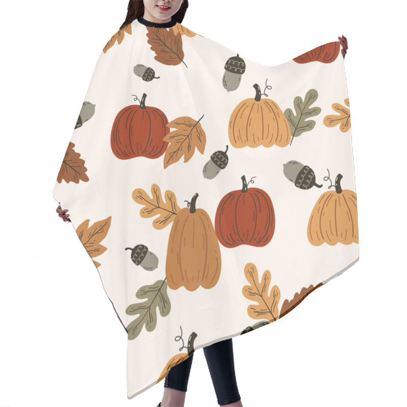 Personality  Seamless Autumn Pattern With Pumpkins And Leaves. Endless Repeatable Autumn Harvest Texture. Colored Hand Drawn Vector Illustration. Hair Cutting Cape