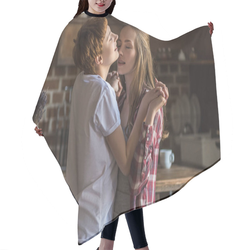 Personality  Smiling Young Lesbian Couple Dancing On Kitchen Hair Cutting Cape