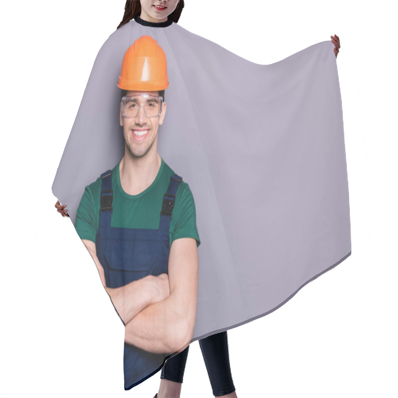 Personality  Portrait Of Independent Repairer Man Cross Hands Ready Fix Apartment Wall Renew Room Wear Hardhat Overalls Green T-shirt Good Look Uniform Isolated Over Grey Color Background Hair Cutting Cape