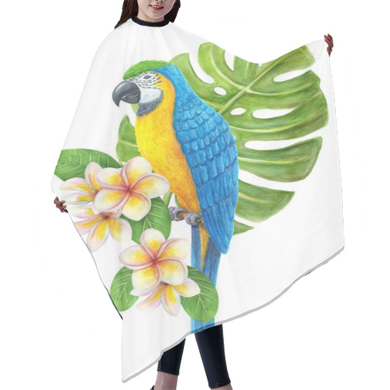 Personality  Parrot Ara With Tropical Bouquet Of Frangipani Flowers, Greenery Of Monstera Leaf. Exotic Floral Composition, Watercolor Painting Of Leaves, Flowers And Blue-and-yellow Macaw. Hair Cutting Cape