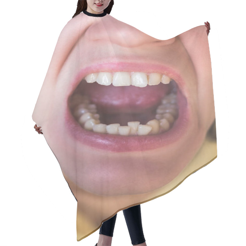 Personality  Photo Of Crooked Woman Teeth Hair Cutting Cape