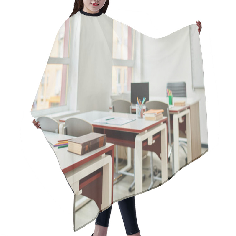 Personality  The Classroom Sits Empty, Desks And Chairs Aligned In Neat Rows Hair Cutting Cape