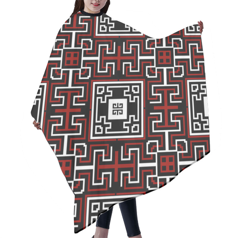 Personality  Intricate Tribal Ethnic Seamless Pattern. Ornamental Vector Black White Red Squares Background. Greek Key, Meanders. Abstract Geometric Plaid Tartan Style Ornament With Square Shapes, Mazes, Lines. Hair Cutting Cape