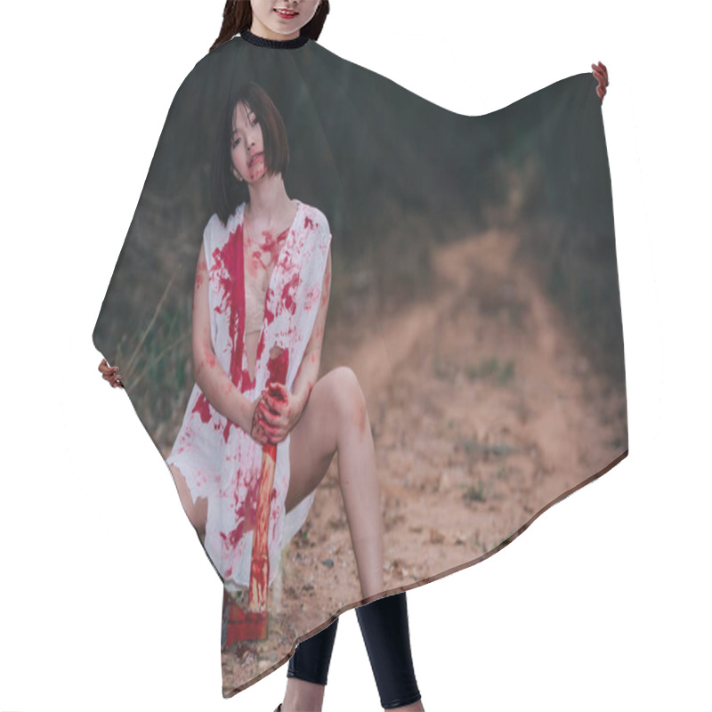 Personality  Portrait Of Asian Woman Make Up Ghost Face,Horror Scene,Scary Background,Halloween Poster,Thailand People,Lady Has A Axe In Hand,Lovely Zombie Concept Hair Cutting Cape