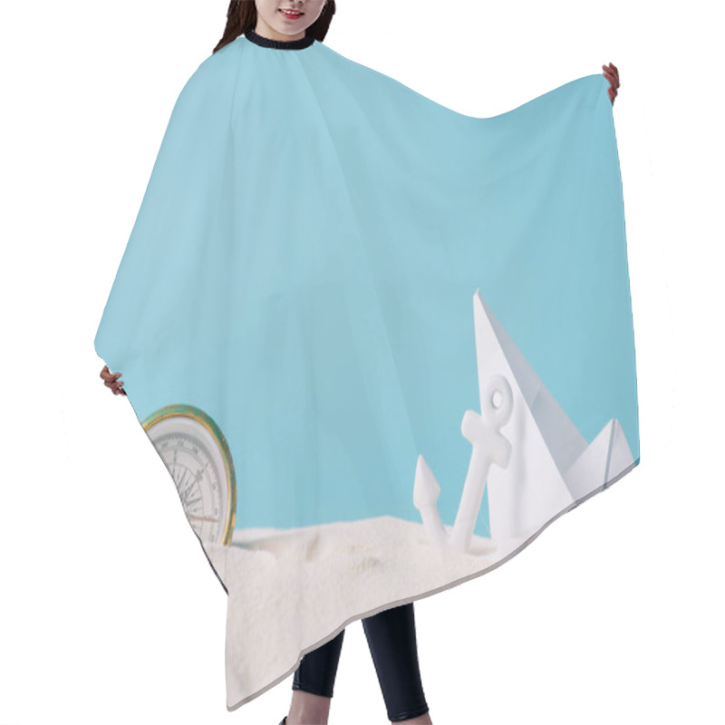 Personality  White Sand With Paper Boat, Compass And Anchor Isolated On Blue Hair Cutting Cape