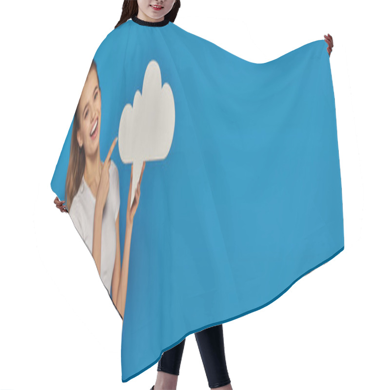 Personality  Excited Young Woman Pointing At Blank Placard On Blue Backdrop, Holding Thought Bubble, Banner Hair Cutting Cape