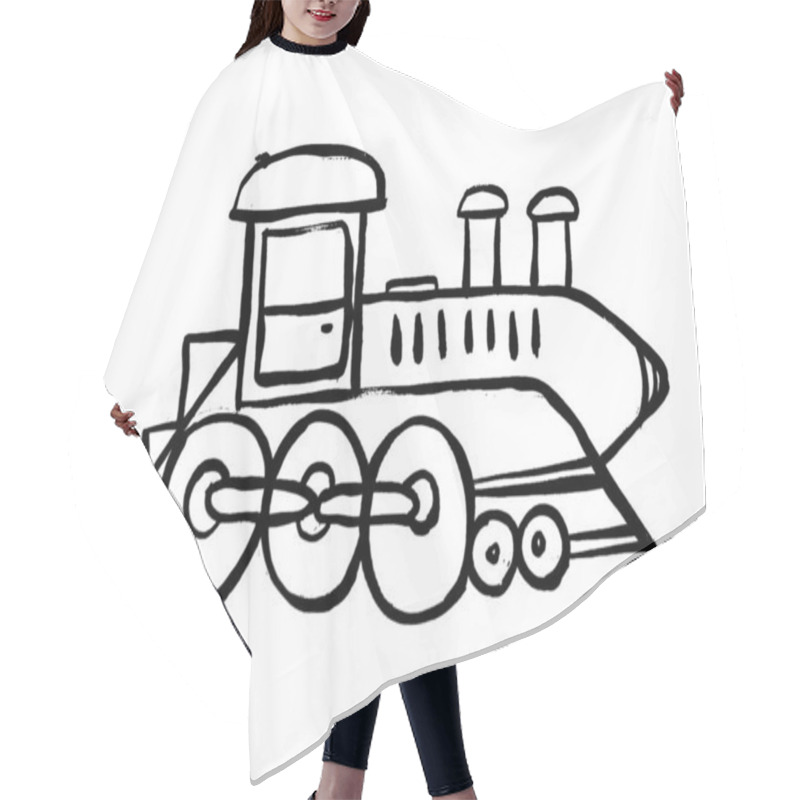 Personality  Vector Hand Drawn Doodle Cute Train Steam Locomotive, Toys Kids, Cartoon Illustration. Doodle Grunge Drawing. Coloring For Children. Hair Cutting Cape