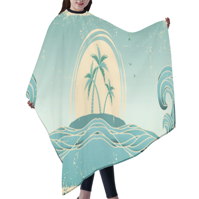 Personality  Blue Seascape Horizon. Vector Grunge Image With Tropical Palms O Hair Cutting Cape