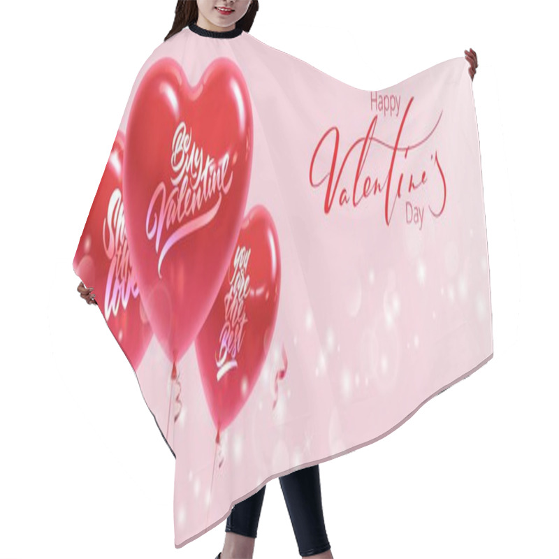 Personality  Horizontal Banner For Valentine's Day. Realistic Heart Shaped Balloons With Inscriptions On A Pink Background. Illustration. Hair Cutting Cape