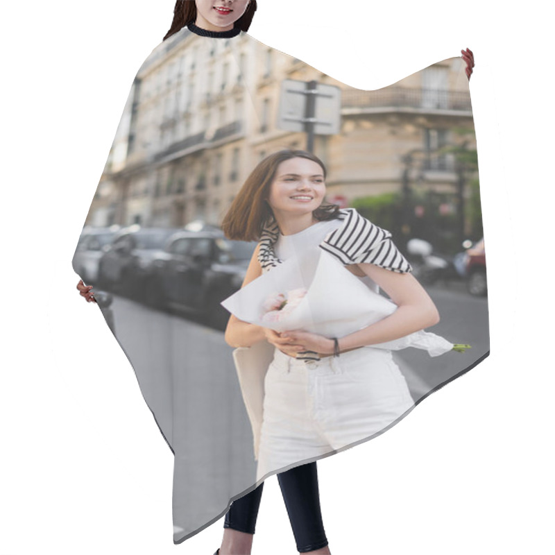 Personality  Pleased Young Woman In Stylish Outfit Holding Bouquet Wrapped In Paper On Street In Paris  Hair Cutting Cape