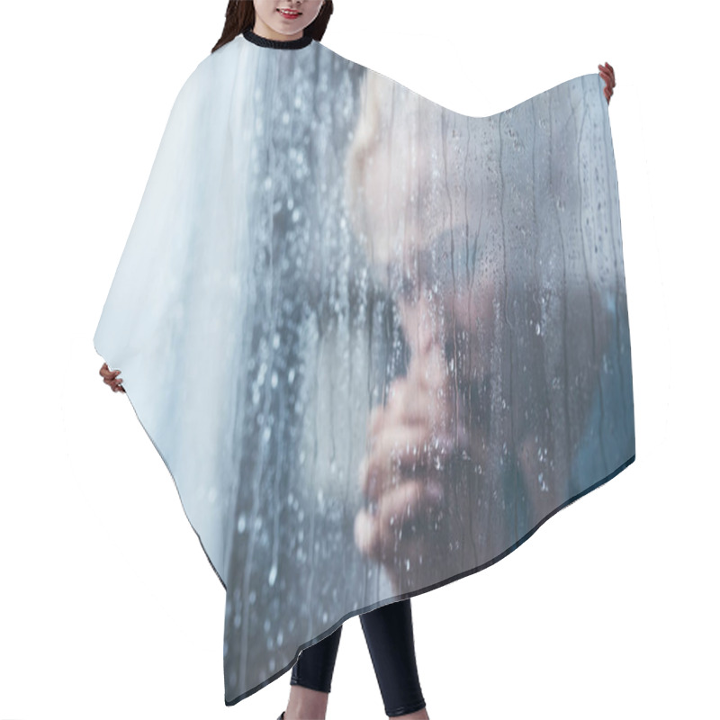 Personality  Sad Adult Woman With Folded Hands At Home Through Window With Raindrops Hair Cutting Cape