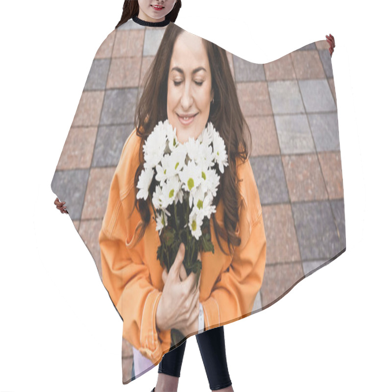 Personality  High Angle View Of Happy Woman With Closed Eyed Smelling White Flowers Outside  Hair Cutting Cape