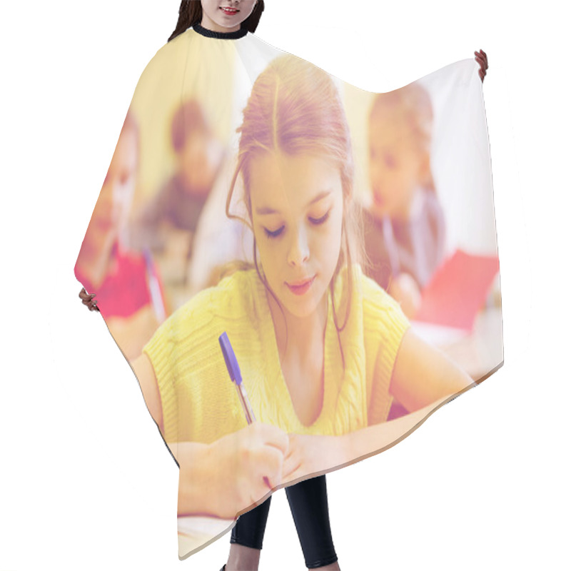 Personality  Group Of School Kids Writing Test In Classroom Hair Cutting Cape