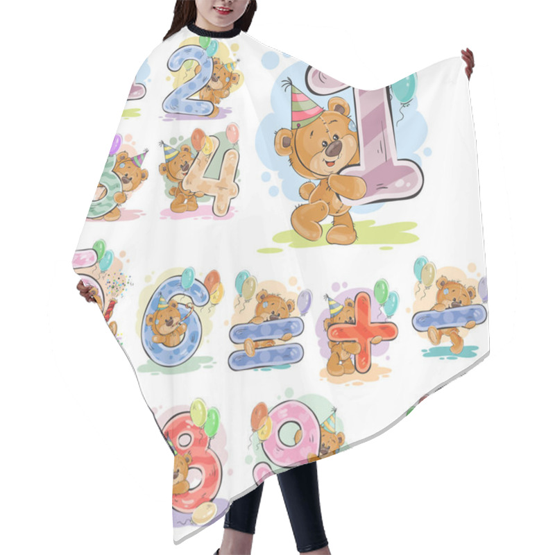 Personality  A Set Of Vector Illustrations With A Brown Teddy Bear And Numerals And Mathematical Symbols. Hair Cutting Cape