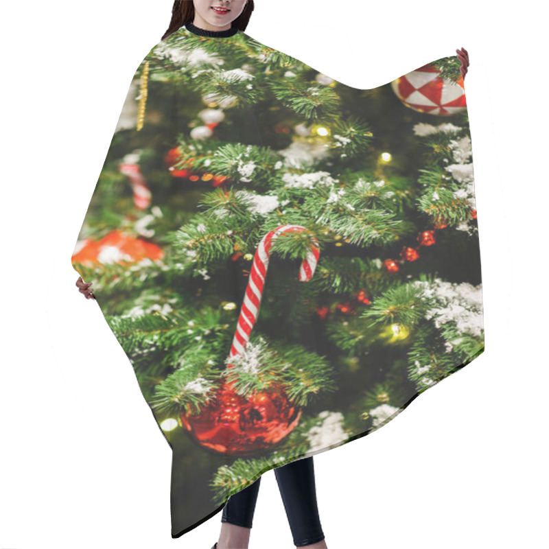 Personality  Photo Of Christmas Tree With Red Balls, Caramel Canes Hair Cutting Cape