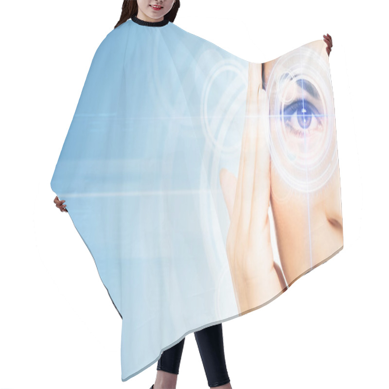 Personality  Woman With The Virtual Hologram On Her Eyes Hair Cutting Cape