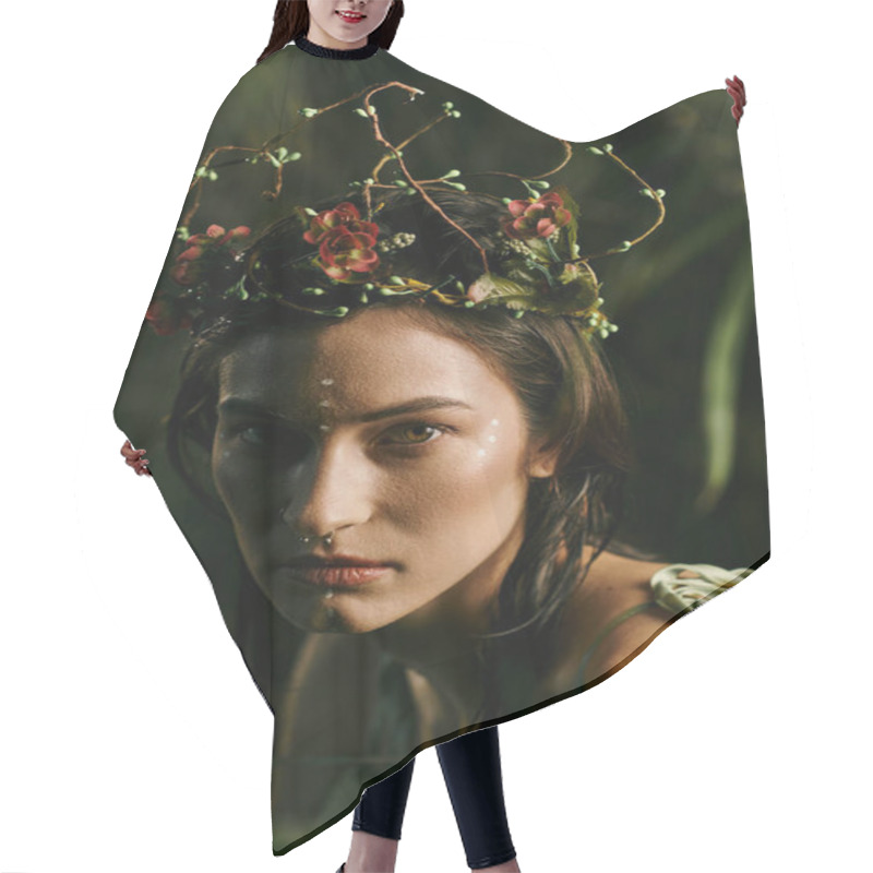 Personality  A Woman In A Leafy Crown Looks Out From The Shadows Of A Swamp. Hair Cutting Cape