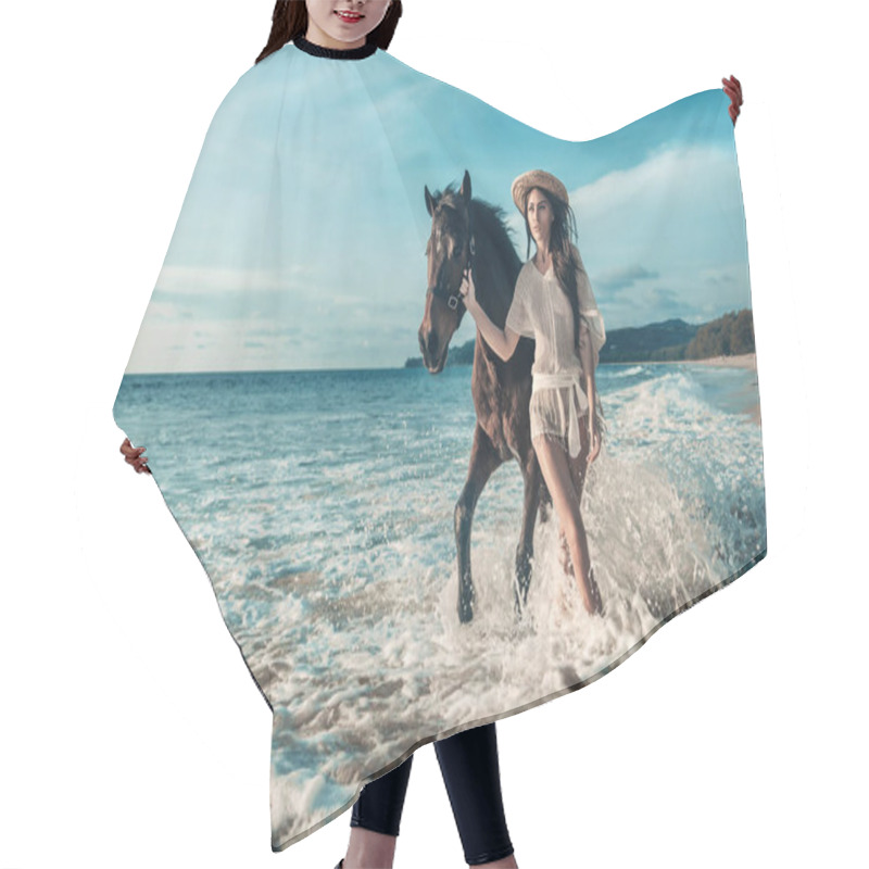 Personality  Cheerful, Sensual Lady Walking With A Horse Hair Cutting Cape