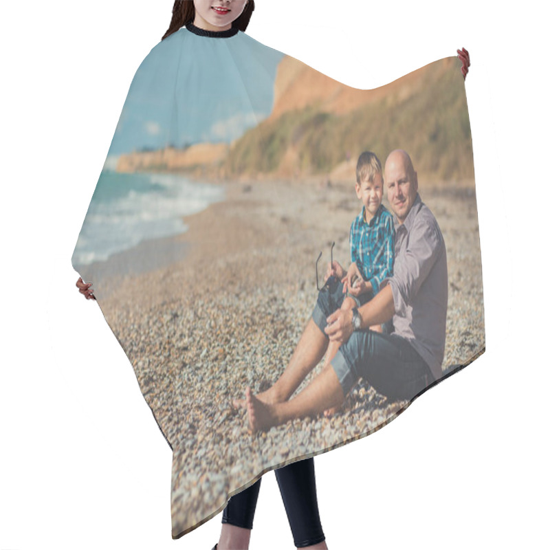 Personality  Touching Appealing Scene Of Father And Son Enjoy Summer Vacation Together Playing On Stone Beach Wearing Stylish Shirt And Fashion Blue Jeans Both Barefoot With Adore Landscape On Background Hair Cutting Cape