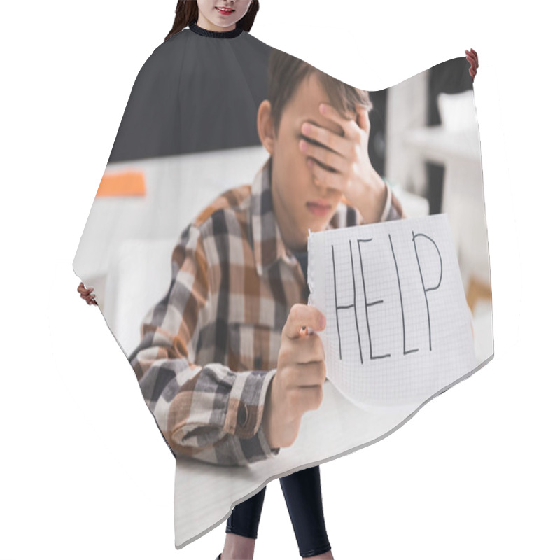 Personality  Selective Focus Of Upset Schoolboy Holding Paper With Help Lettering And Covering Eyes, Bullying Concept Hair Cutting Cape