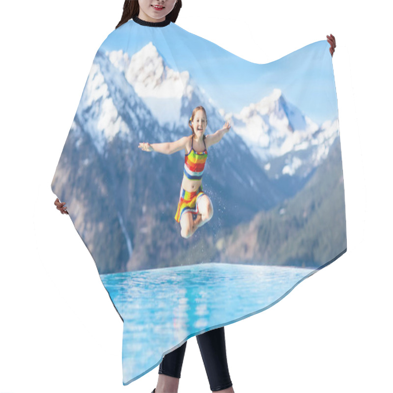 Personality  Child In Outdoor Swimming Pool Of Alpine Resort Hair Cutting Cape