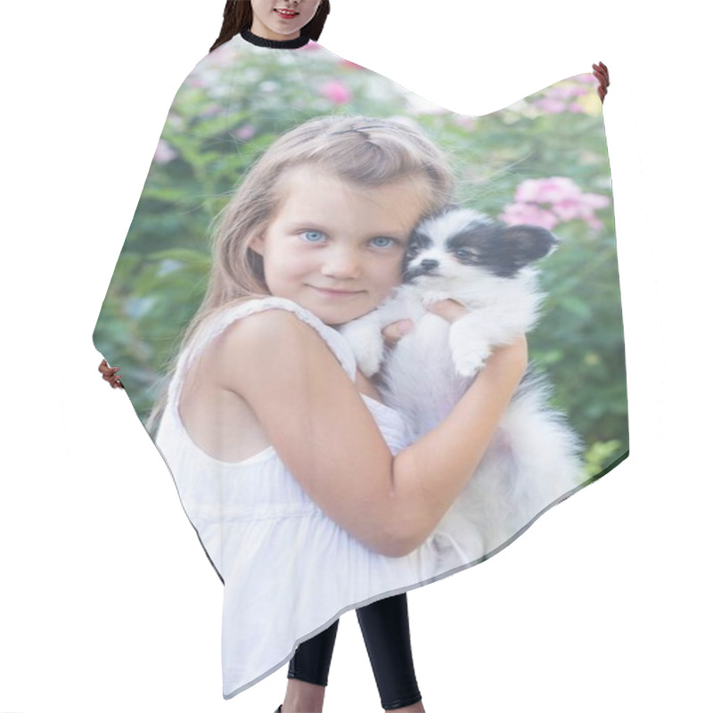 Personality  Portrait Of A Girl With A Puppy Hair Cutting Cape