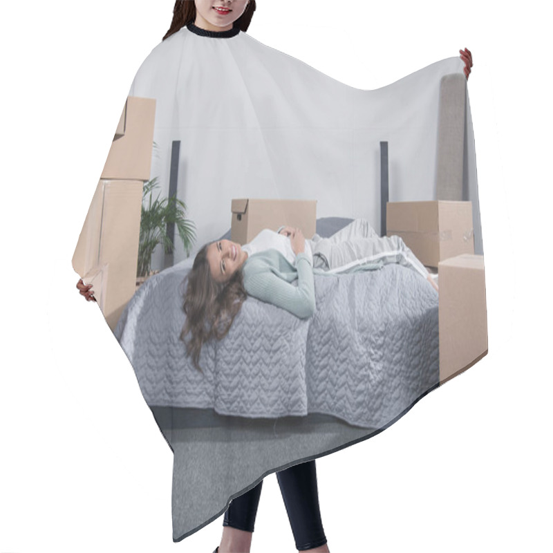 Personality  Woman Lying On Bed At Home Hair Cutting Cape