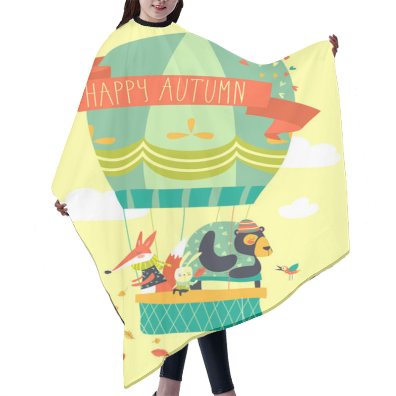 Personality  Funny Friendly Animals In Hot Air Balloon. Hello Autumn Hair Cutting Cape