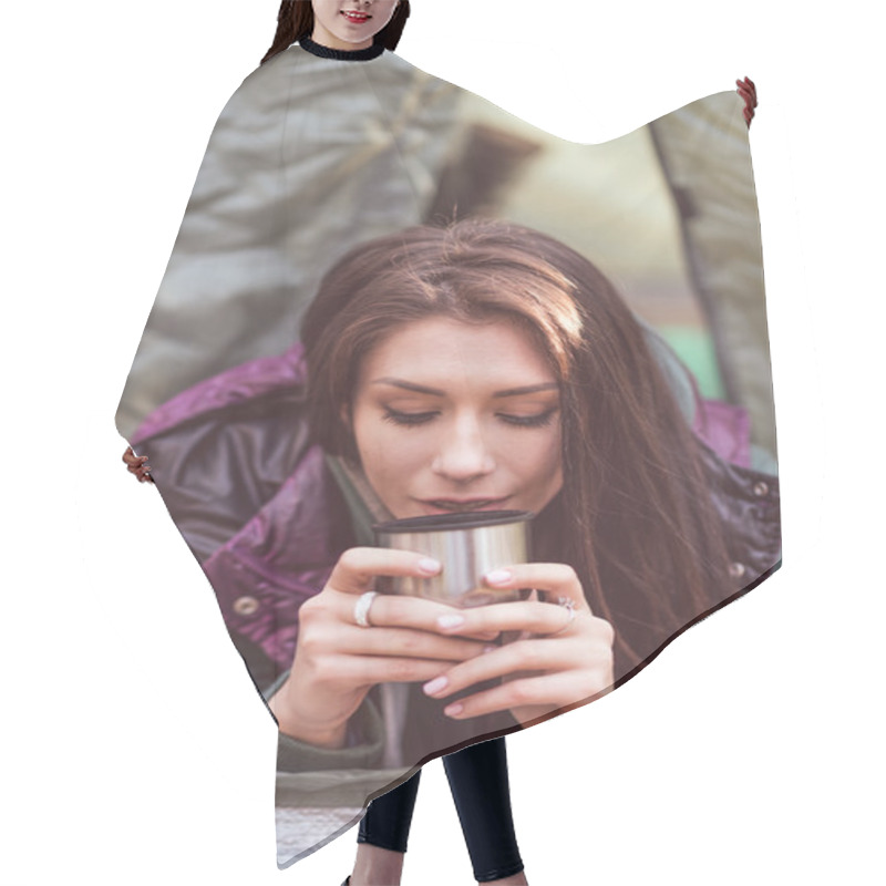 Personality  Woman In Tent Holding Metallic Cup Hair Cutting Cape