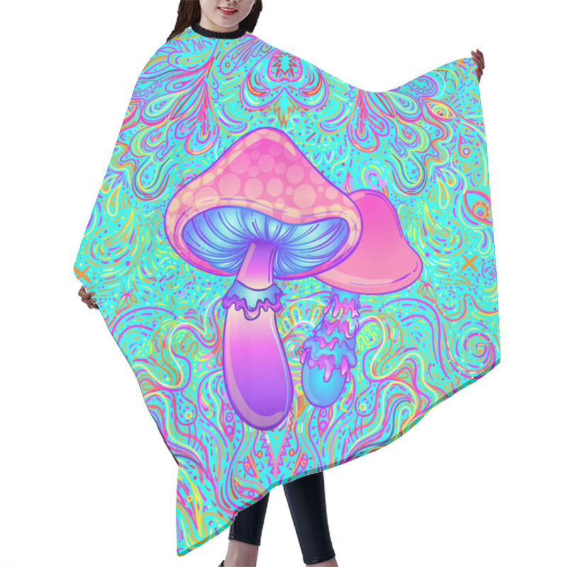 Personality  Magic Mushrooms Seamless Pattern. Psychedelic Hallucination. Vibrant Vector Illustration. Hair Cutting Cape