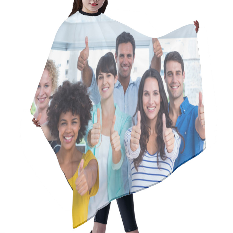 Personality  Portrait Of Creative Team Gesturing Thumbs Up Hair Cutting Cape