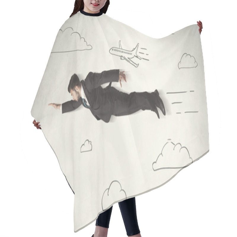 Personality  Cheerful Business Person Flying Between Hand Drawn Sky Clouds Hair Cutting Cape