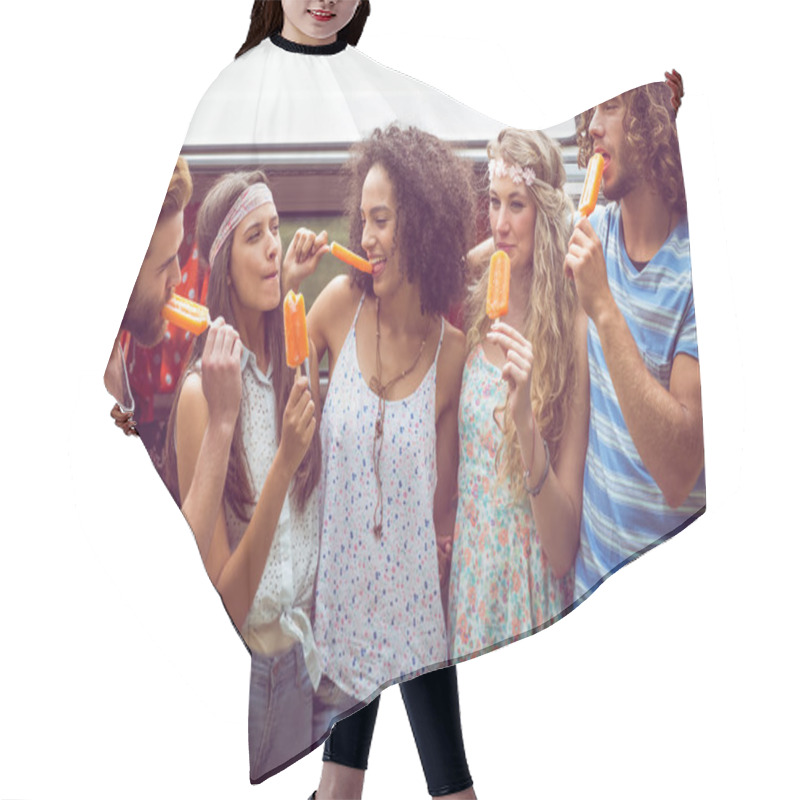 Personality  Hipster Friends Enjoying Ice Lollies Hair Cutting Cape