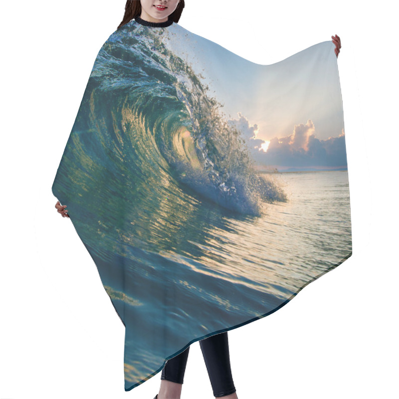 Personality  Summer Design Template. Beautiful Sunset With Surf And Sunlight Through Breaking Wave Hair Cutting Cape