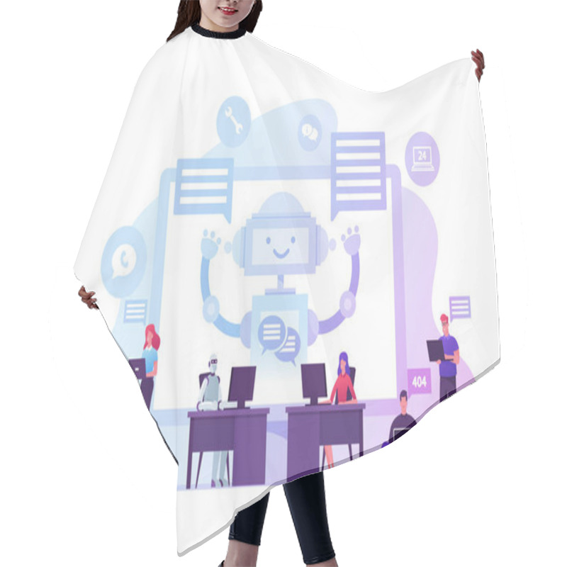 Personality  Robot Work On Laptop Help Customers. Ai Chatbot Faq Support, Online Consultation. Innovation, Artificial Intelligence Technology. People Characters Use Chat Bot Service. Cartoon Vector Illustration Hair Cutting Cape