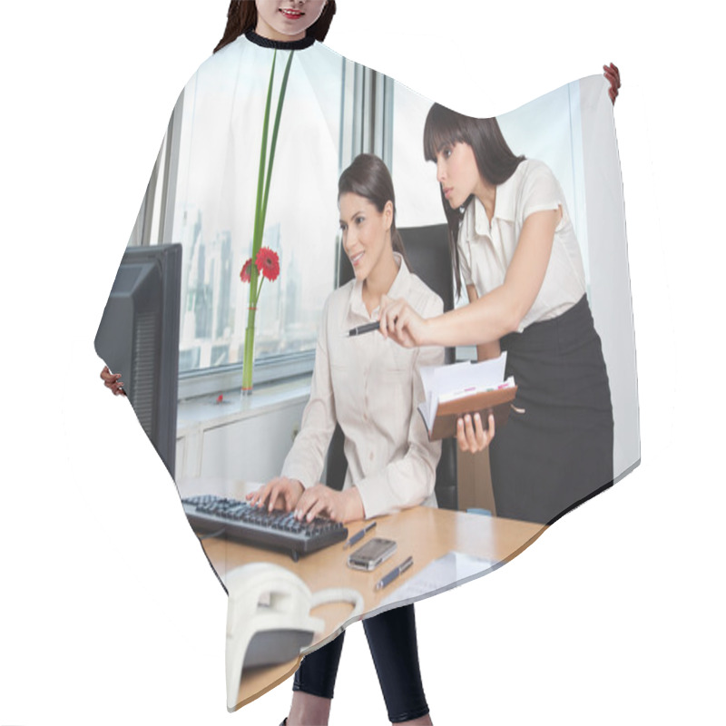 Personality  Two Female Executives Working In Office Hair Cutting Cape