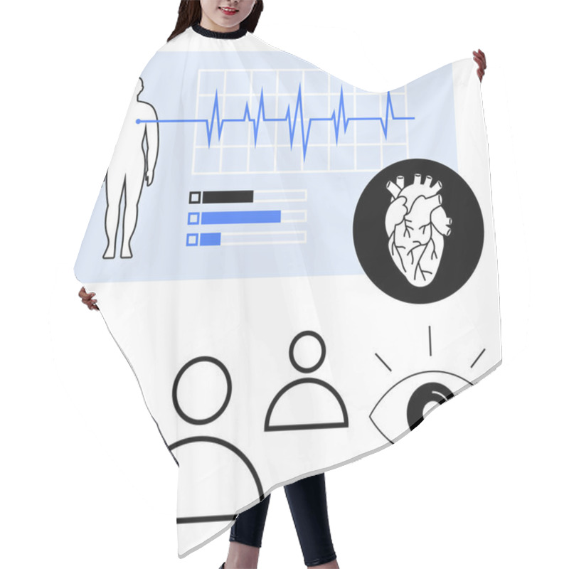 Personality  Heartbeat Graph, Human Figure, Pie Charts, Heart Icon, And Eye Symbol Emphasize Health Monitoring And Data Analysis. Ideal For Medical Tech, Diagnostics, AI, Research Education Teamwork Abstract Hair Cutting Cape