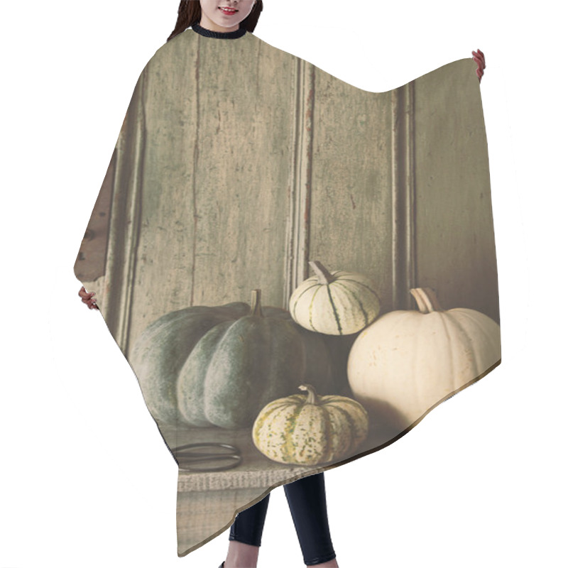 Personality  Pile Of Pumpkins And Gourds On Old Bench Hair Cutting Cape