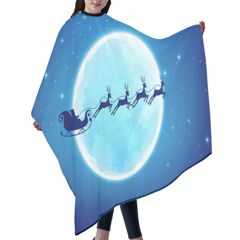 Personality  The Silhouette Of Santa And Reindeer Are Flying In The Night Sky, Abstract Background Scenic Christmas Landscape With Big Moon Against Snow Falling And Glittering Star Hair Cutting Cape