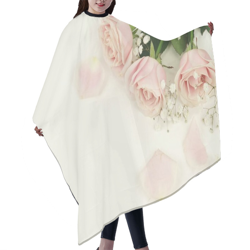 Personality  Flower Arrangement Of Pink Roses And Petals On A White Background.Holiday Concept. Copy Space Hair Cutting Cape