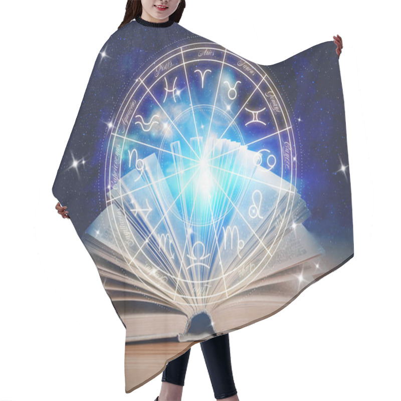 Personality  Open Book On Wooden Table, Illustration Of Zodiac Wheel With Astrological Signs And Starry Sky At Night Hair Cutting Cape