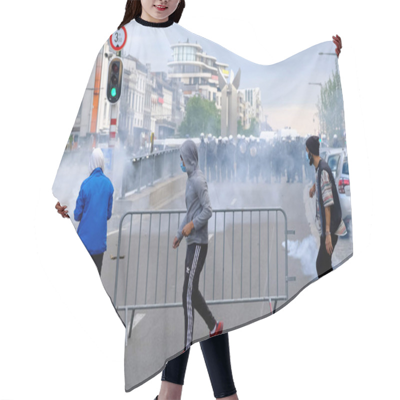 Personality  Tear Gas Thrown By Riot Police To Disperse Protesters During The Black Lives Matter Protest Rally, In Brussels, Belgium On Sunday, June 7, 2020. Hair Cutting Cape