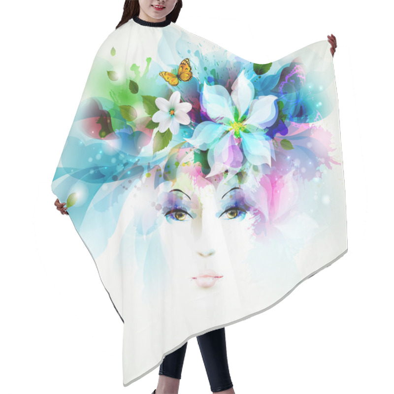 Personality  Beautiful Fashion Woman Face With Natural Elements, Flowers And Butterflies Hair Cutting Cape