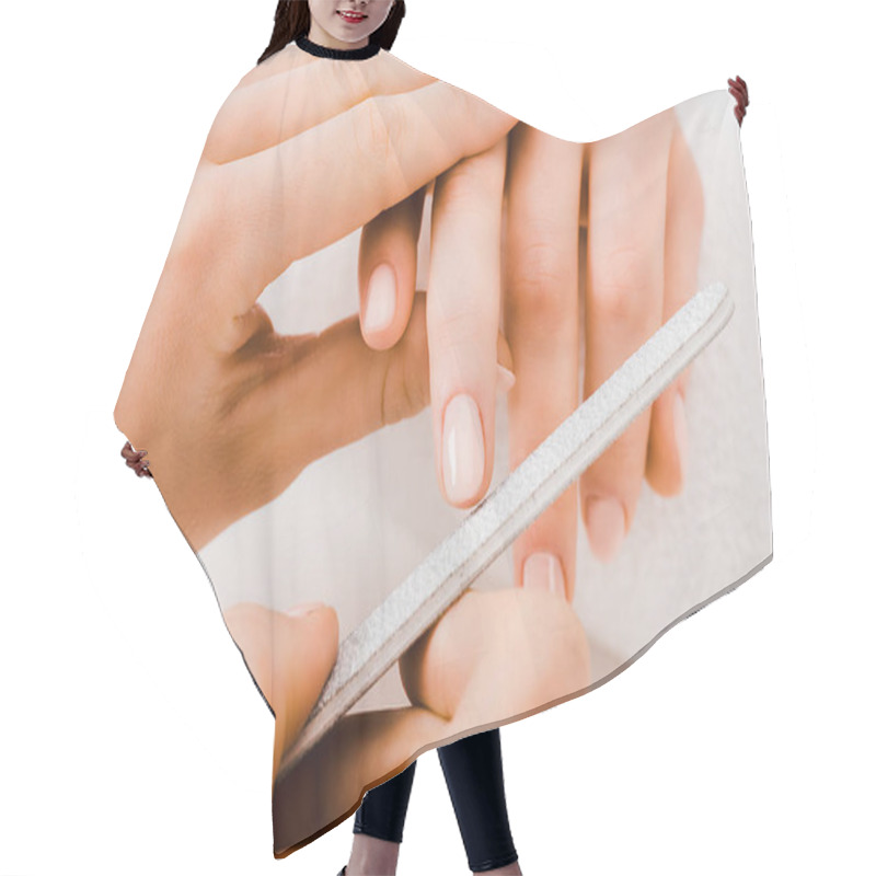 Personality  Cropped View Of Manicurist Using Nail File Hair Cutting Cape