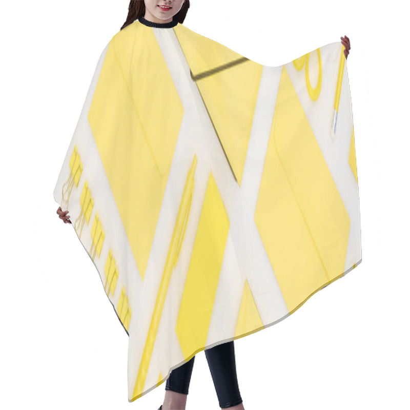 Personality  Panoramic Shot Of Yellow Pen, Pencils, Paper Clips, Eraser, Stickers, Envelopes, Stickers, Folder, Scissors And Compasses Isolated On White Hair Cutting Cape